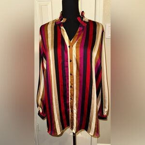 Vince Camuto Women’s Button Up Blouse 2X Striped Band Collar Long Sleeve Top